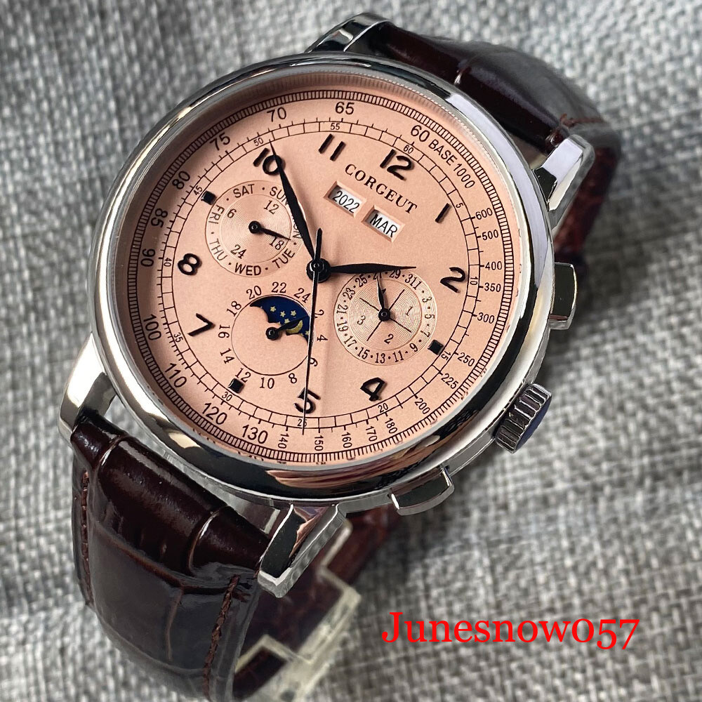 Corgeut Men Watch Rose Gold ST1655 Movement Automatic Month Week Year Moon Phase