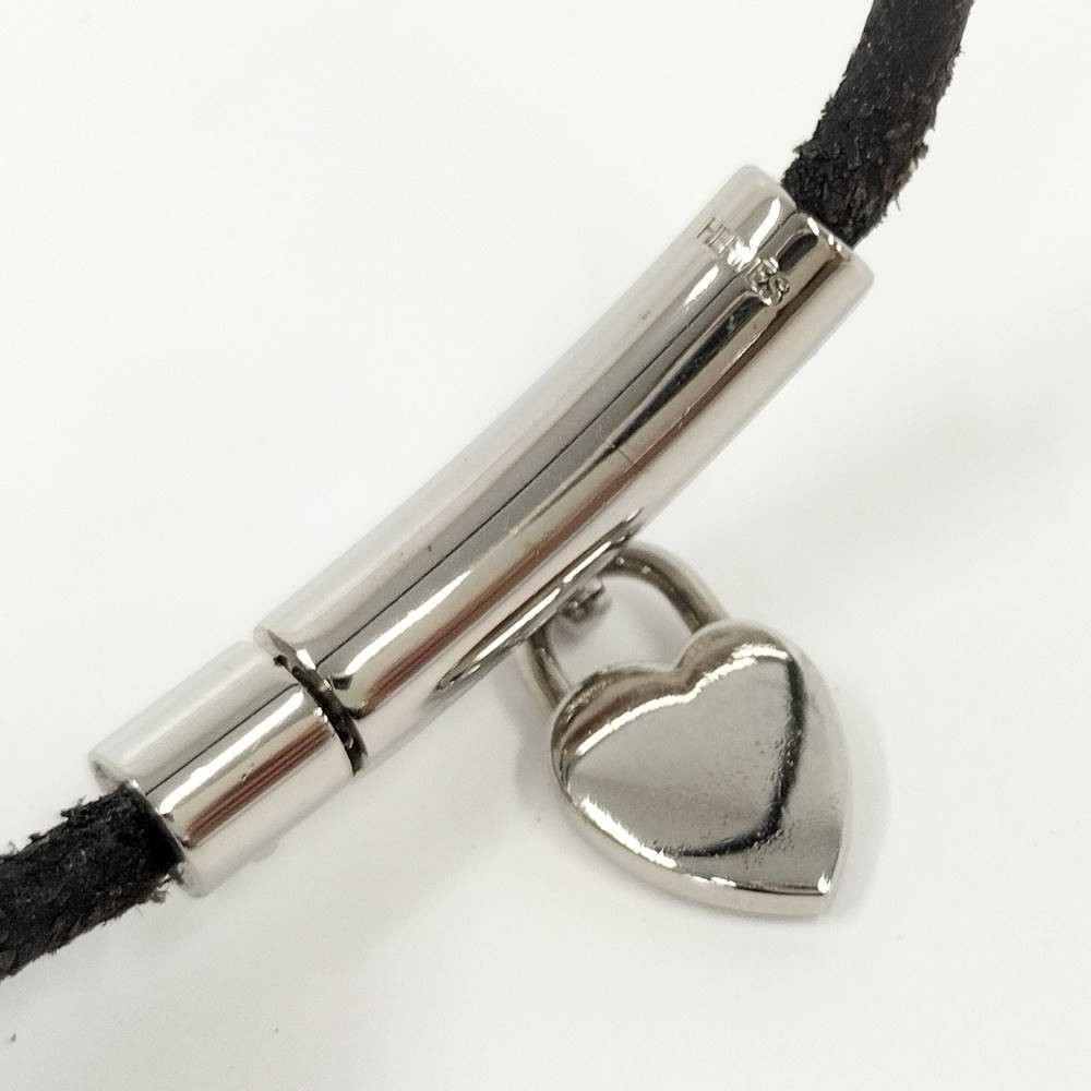 HERMES Viviride Bracelet Silver Leather Chain Heart Used 18cm