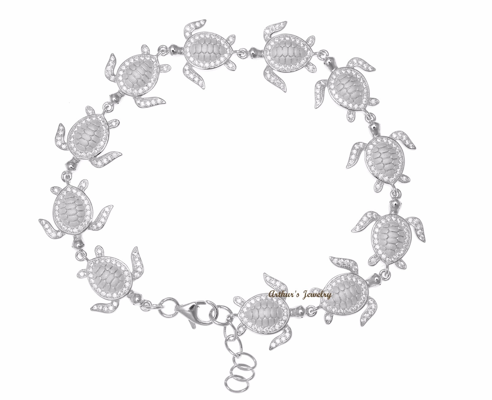 SOLID 925 STERLING SILVER HAWAIIAN SEA TURTLE LINK BRACELET CZ RHODIUM 7.5 INCH