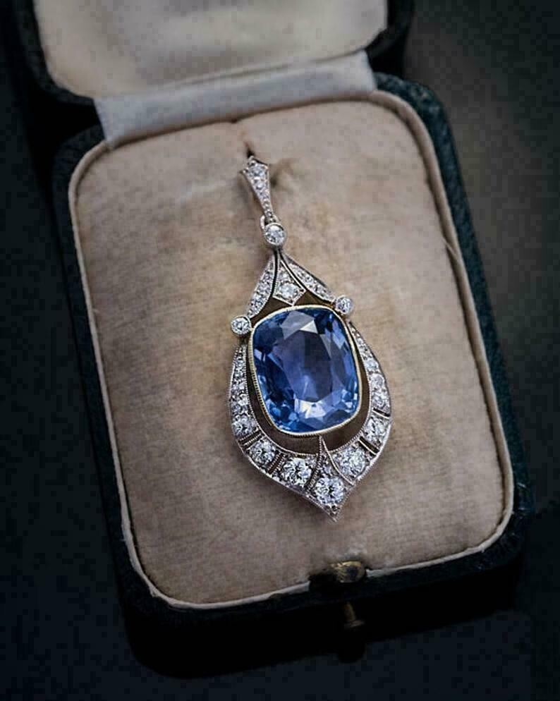 4Ct Cushion Cut Sapphire & Diamond Pendant 14K White Gold Over