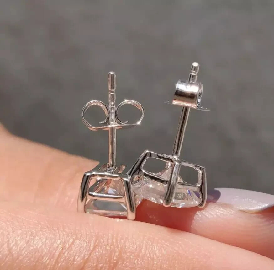 4Ct Princess Cut White Diamond Solitaire Studs-Great Shine! Ideal Gift