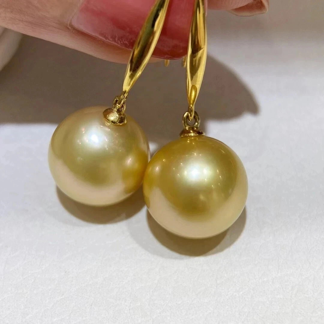 new 11-12mm South Sea Golden Natural Pearl Earrings 14K Yellow Gold