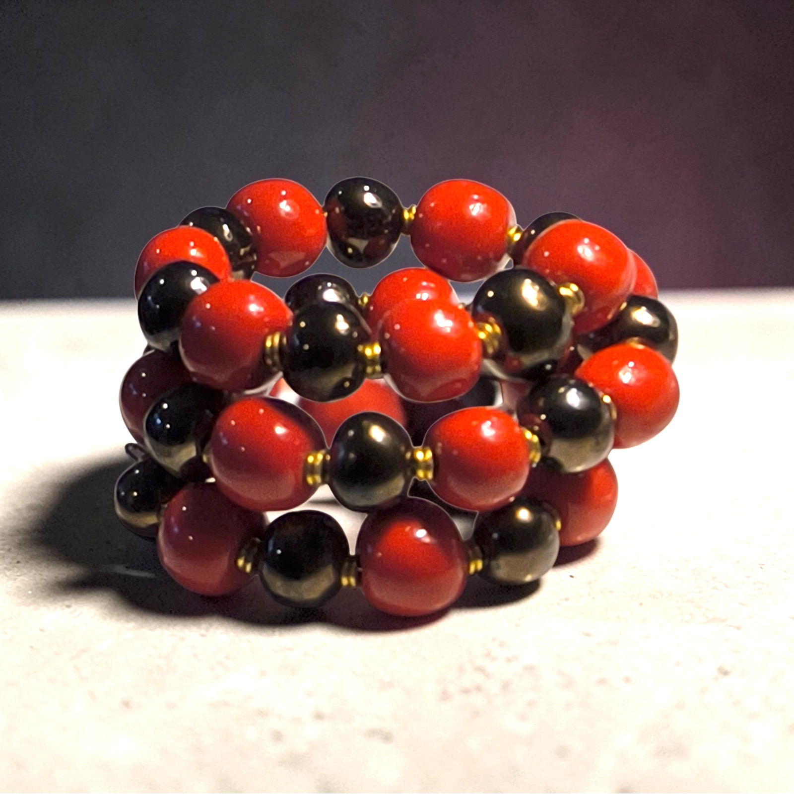 Hematite & Red Bead Memory Wire Wrap Bracelet Gold Tone Stack Statement