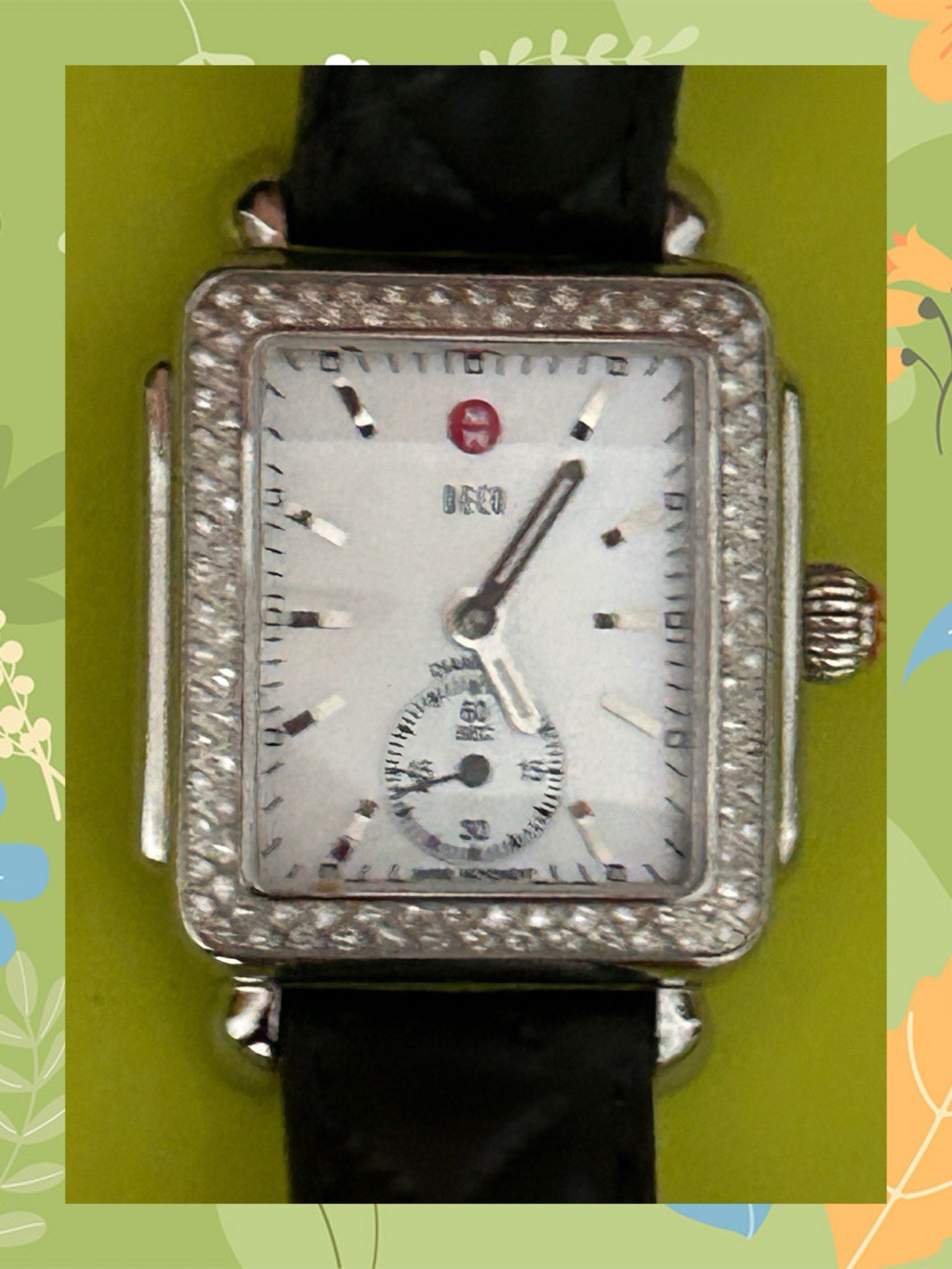 Michele Deco Diamond Watch .49ct 108 Diamonds Black Leather Sapphire