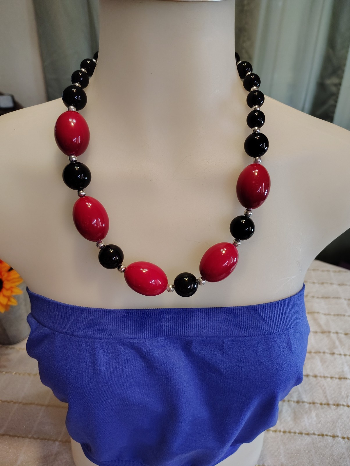 Red & Black Plastic Beaded Ball Chain Statement Necklace Lobster Clasp 18-22″