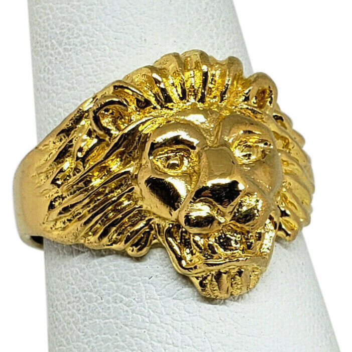 Solid 24K Yellow Gold Handcarved Large Heavy Mens Lion Ring Size 5 – 11