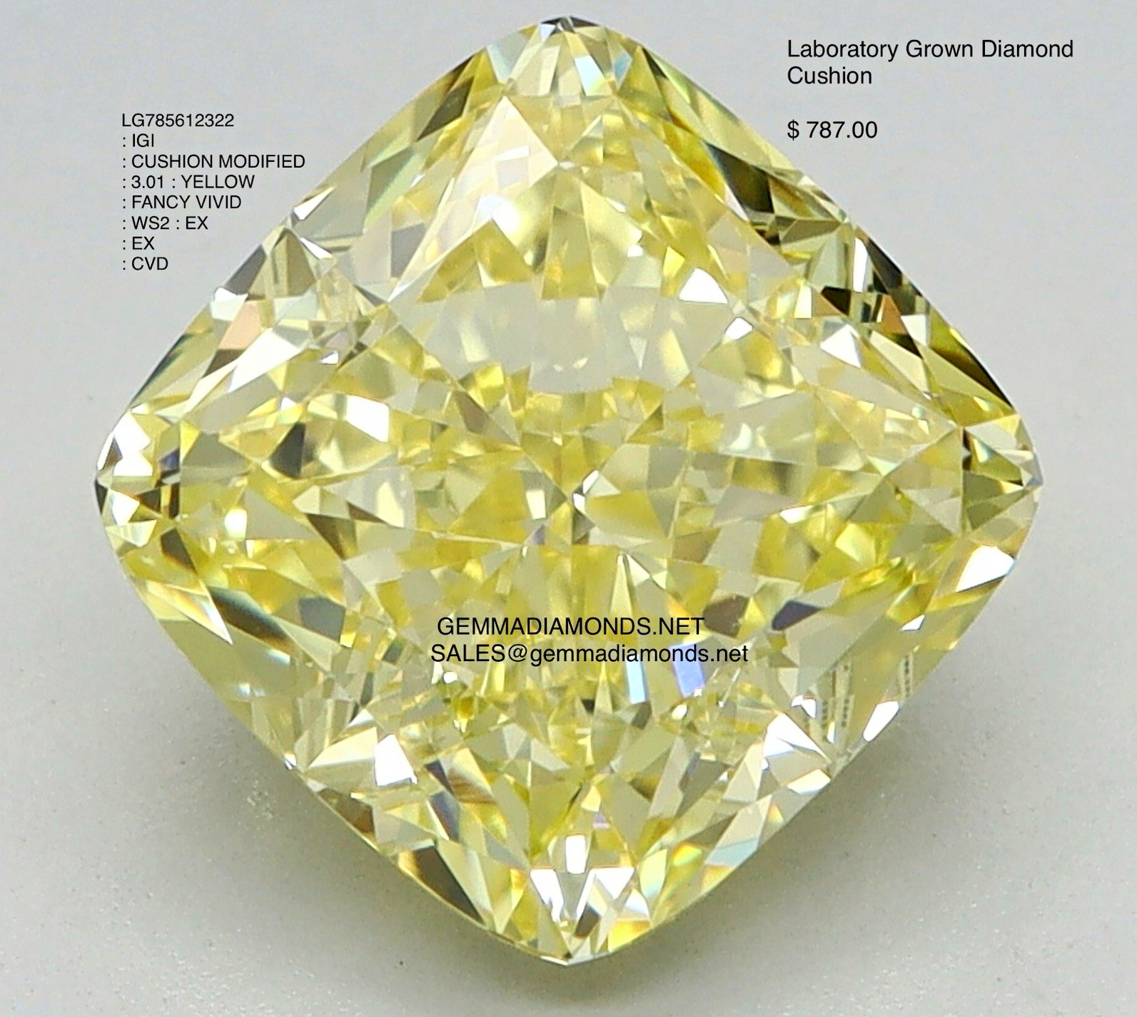 Lab-Created Diamond Cushion Cut Fancy Vivid Yellow 3.01ct IGI Excellent