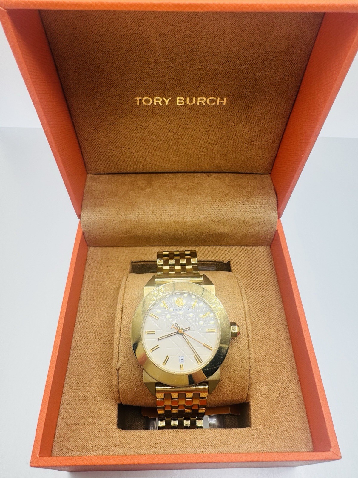 Tory Burch Dalloway Gold Tone Quartz Analog Date Bracelet Watch w/ Box