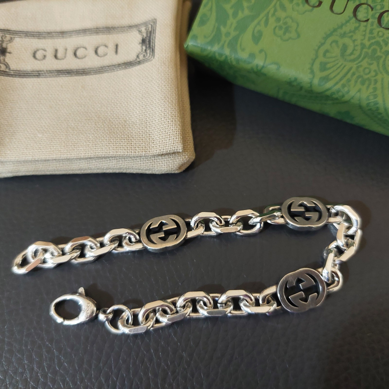 Gucci 925 Silver GG Oval Link Chain 18 Bracelet 7″