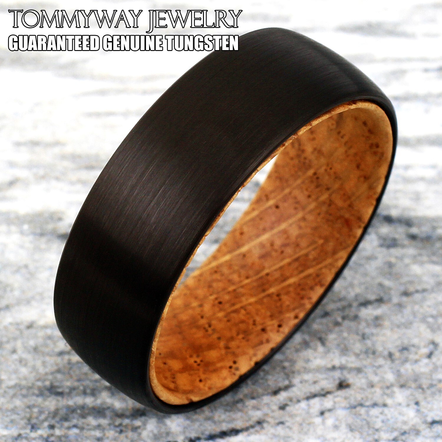 8mm Black Tungsten Carbide Men’s Whiskey Barrel Oak Wood Wedding Band Ring