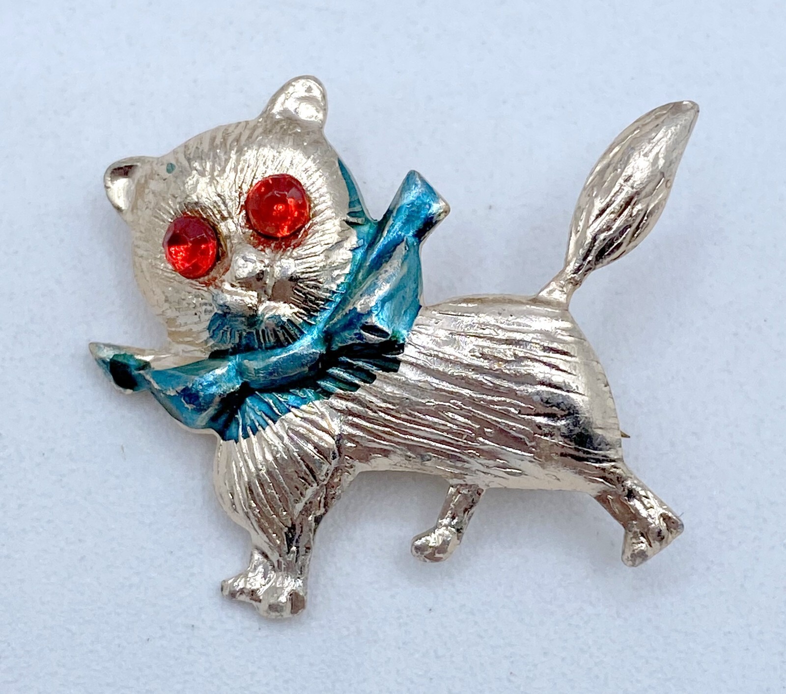 F6-2342 VINTAGE BROOCH SILVER PIN 1″ CAT ANIMAL RHINESTONE