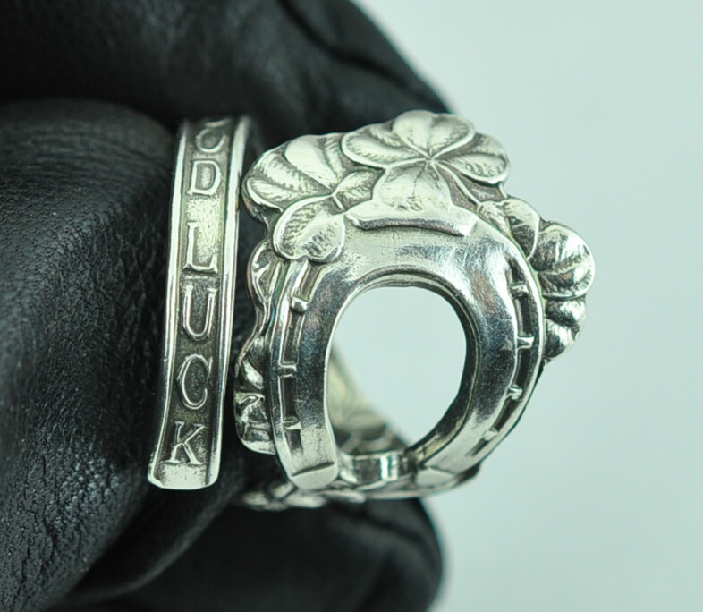 Solid 925 Sterling Silver Four-Leaf-Clover Horseshoe Adjustable Spoon Ring