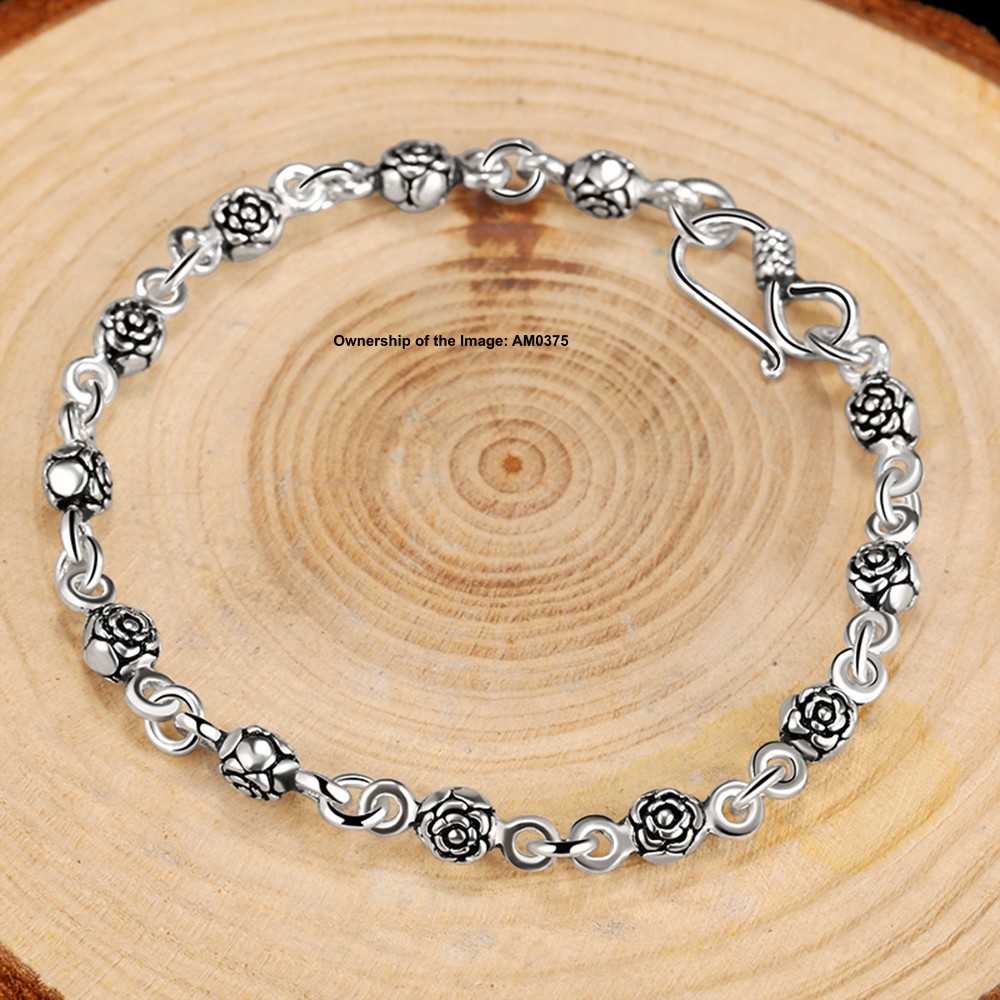 Gift-Ready Pure 925 Sterling Silver ROLO Chain Bracelet with Rose Pattern Beads