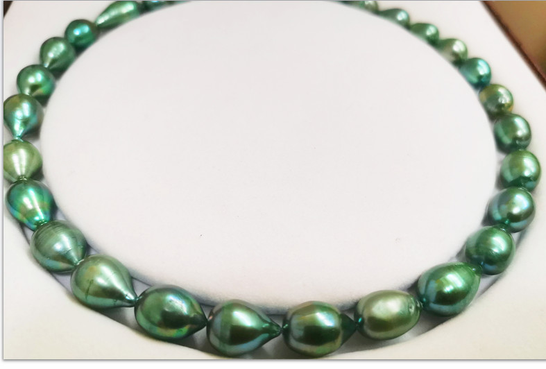 Huge 17″12-15mm south sea Tahitian genuine green drop pearl necklace 218