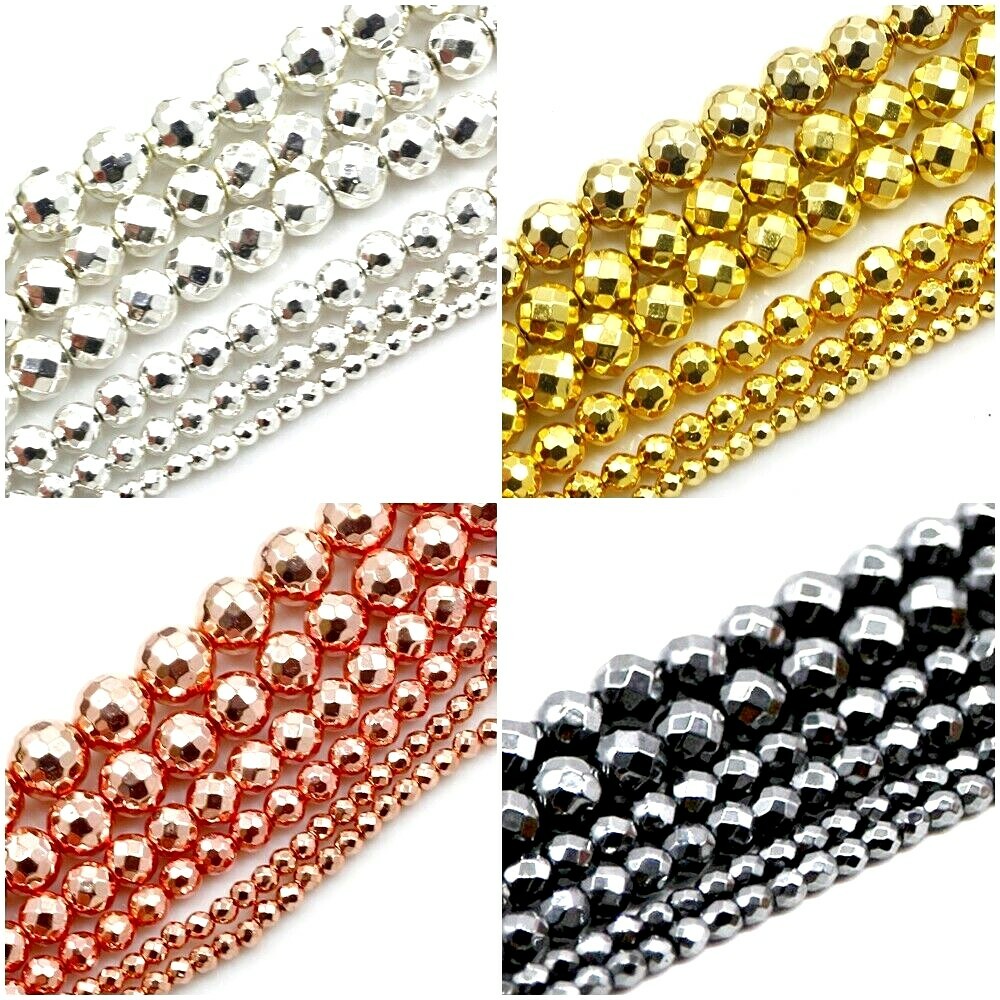 Natural Hematite Faceted Round Bead 15″ Shiny Silver Rose Gold 3mm 4 6 8 10 12mm
