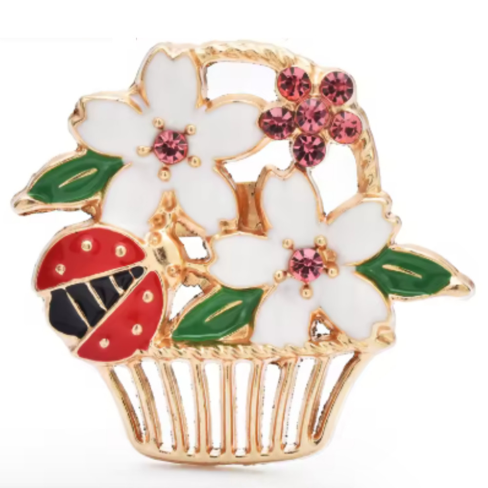Easter Spring Ladybug Flower Basket Brooch Sparkling Rhinestone Pin Jewelry Gift
