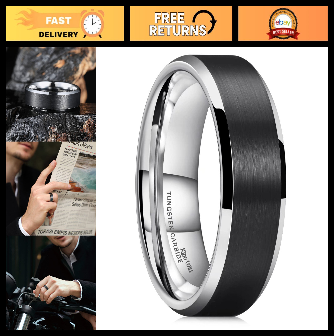 Unisex Tungsten Carbide Wedding Ring – Matte Polished, Beveled Edge, Multiple Co