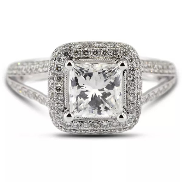 Engagement Ring 18K White Gold Halo Princess 3.04 Carat Lab-Grown Diamond G VS1