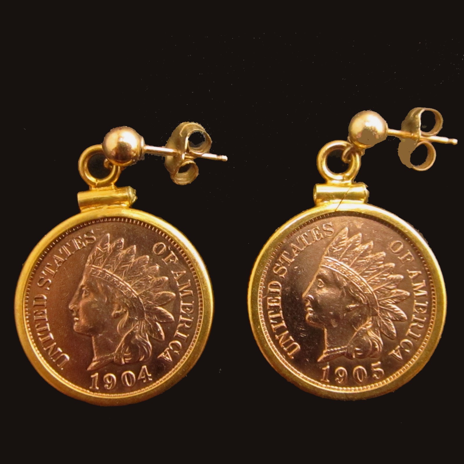 Coin Jewelry Earrings Vintage Indian Cent 14K Gold Filled Bezels and Ball Studs