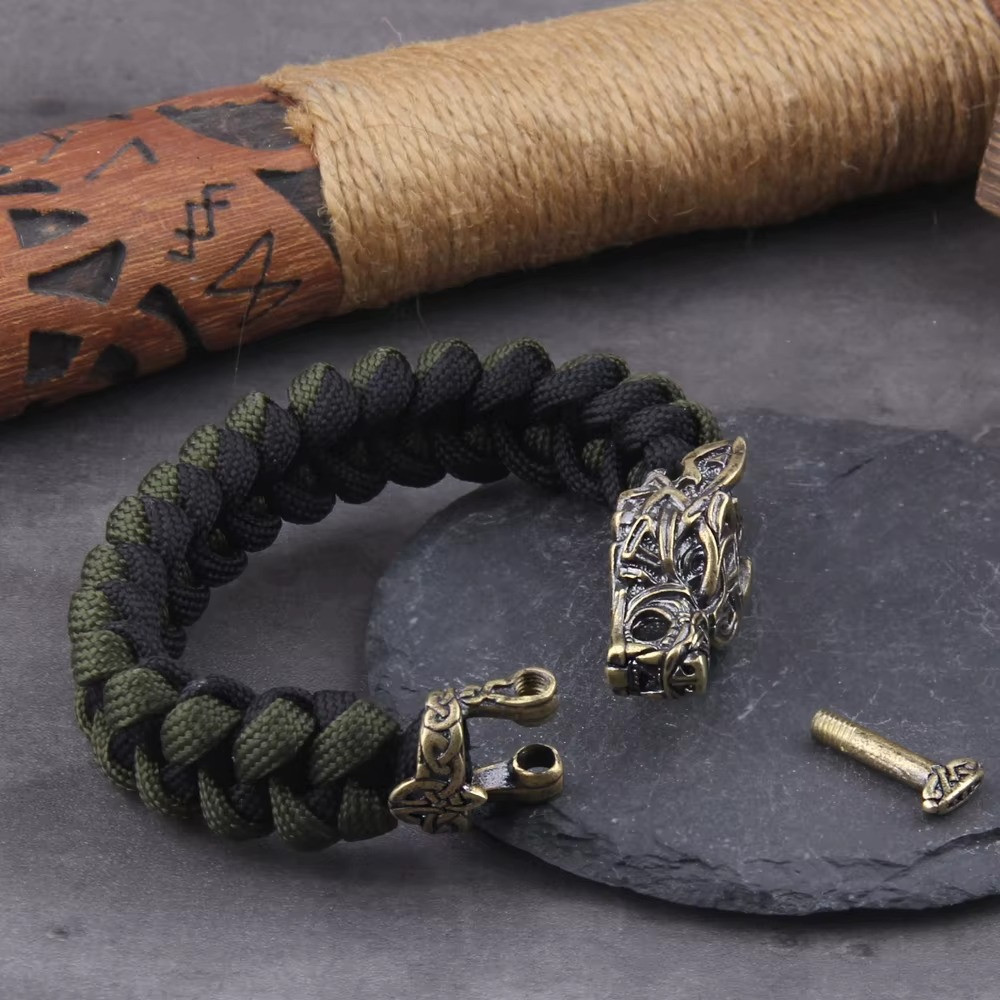 Viking Wolf Head Bracelet Men’s Braided Paracord Punk Biker Cuff Jewelry