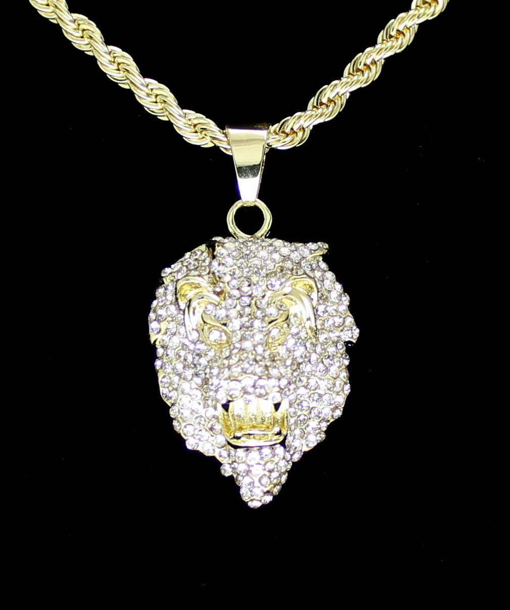 Mens Iced Cz Mighty Lion Pendant 14k Gold or Silver Plated 24″ Necklace Hip Hop
