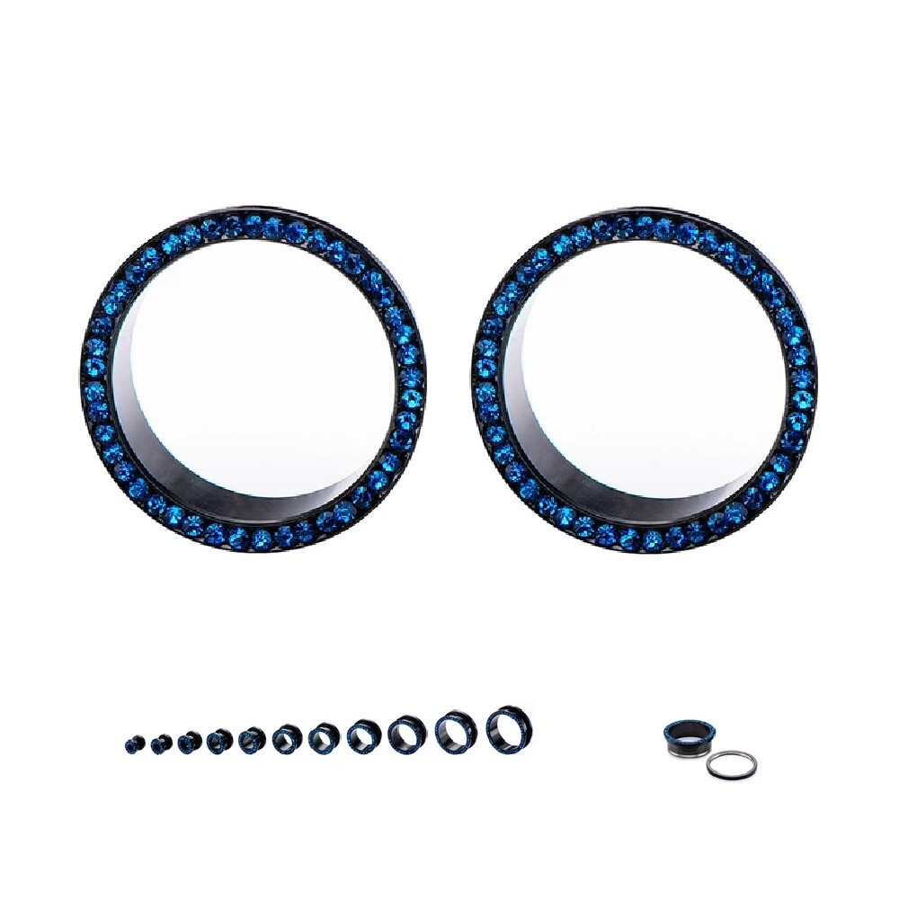 Tunnels Screw Fit Black IP with Blue Cubic Zirconia Jewels Sold as a Pair