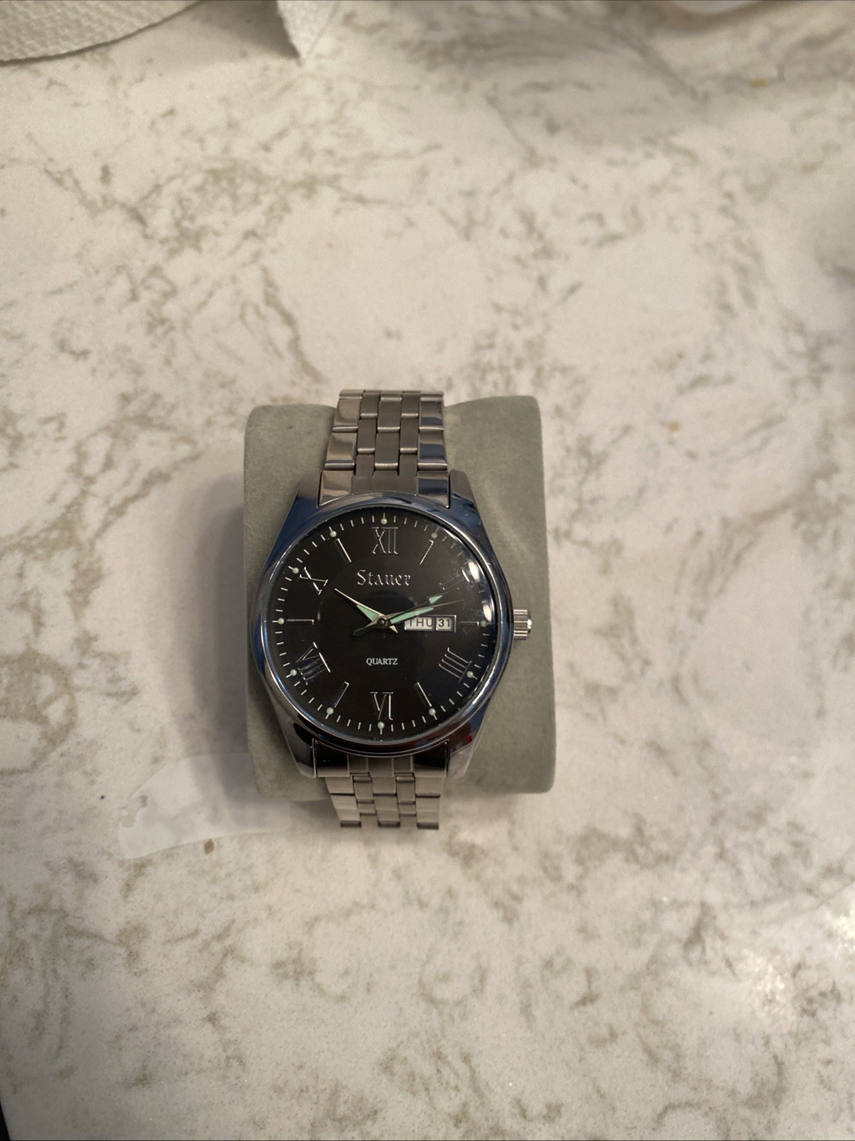 Stauer Men’s Watch 40MM Roman Numerals Blue Dial Day Date Gray Bracelet 6.75 in