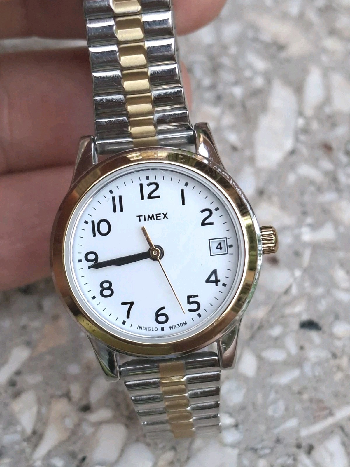 Timex Indiglo Two-Tone Quartz Watch Date White Dial WR30M Expansion Band
