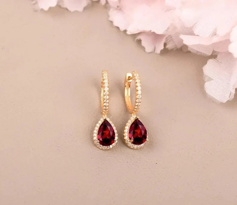 3 Ct Pear Cut Simulated Red Garnet Halo Drop Earrings In 14k Yellow Gold Plated