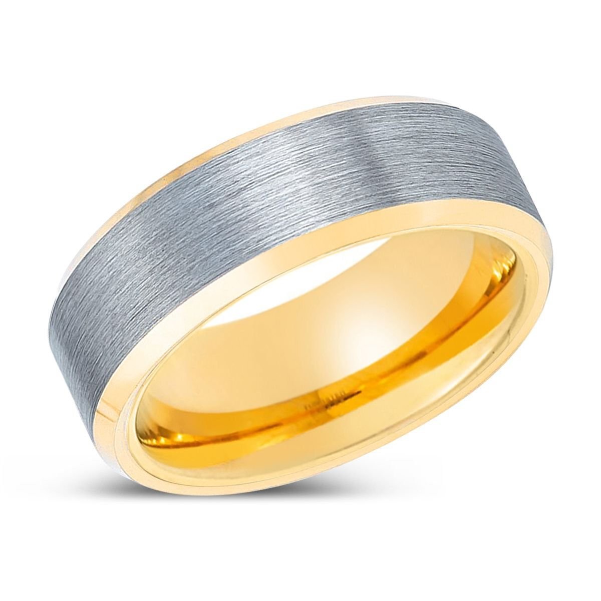SAINT | Gold Ring, Brushed, Silver Tungsten Ring, Gold Beveled Edges