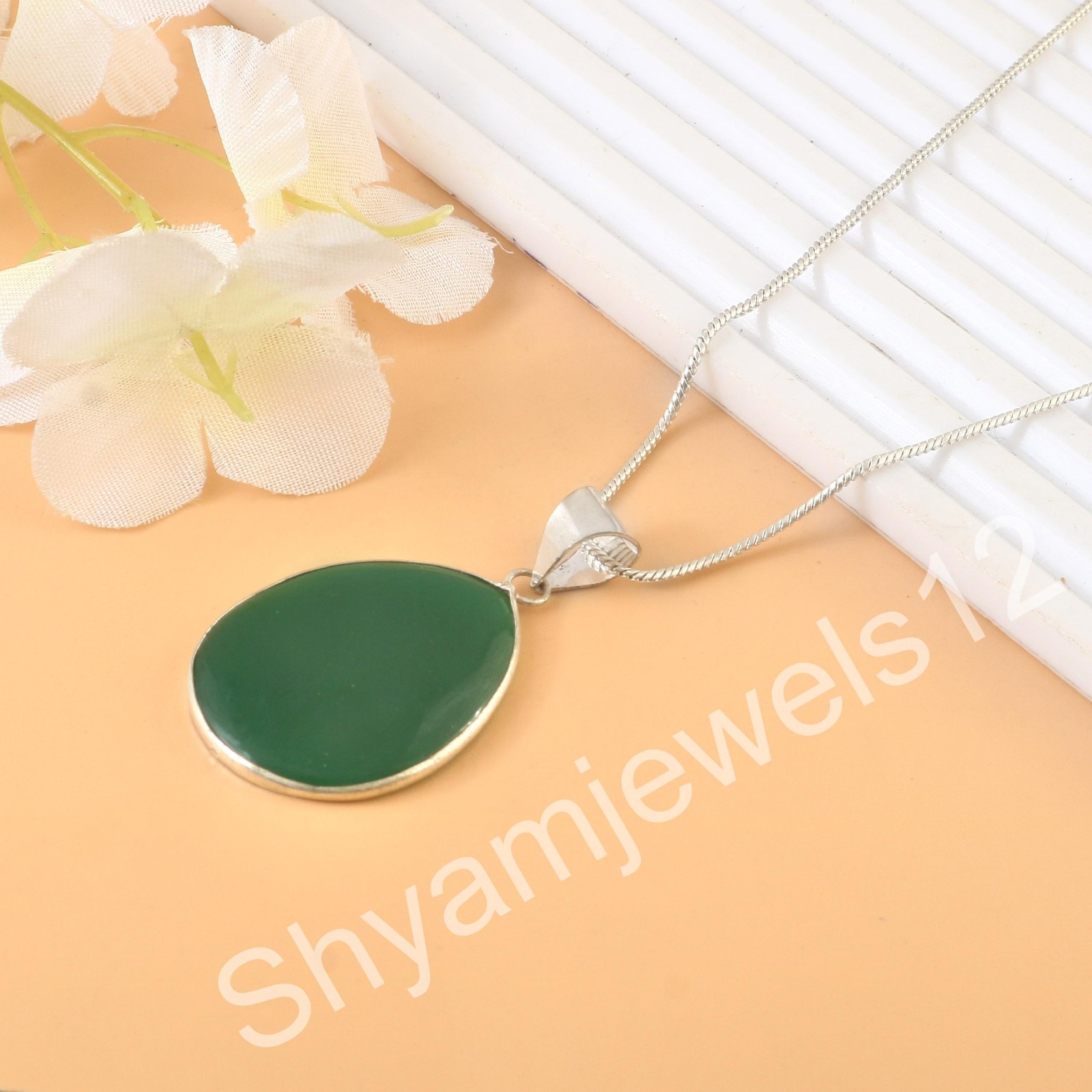 Sterling Silver Genuine Green Onyx Gemstone Bezel Pendant With Chain Jewelry