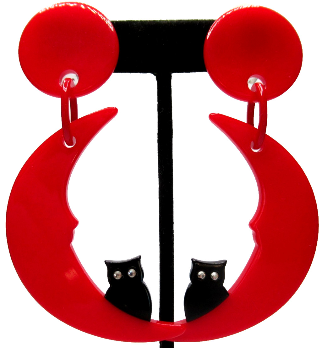 FRENCH Red & Black Lucite Kitty Cat in The Moon Clip Earrings