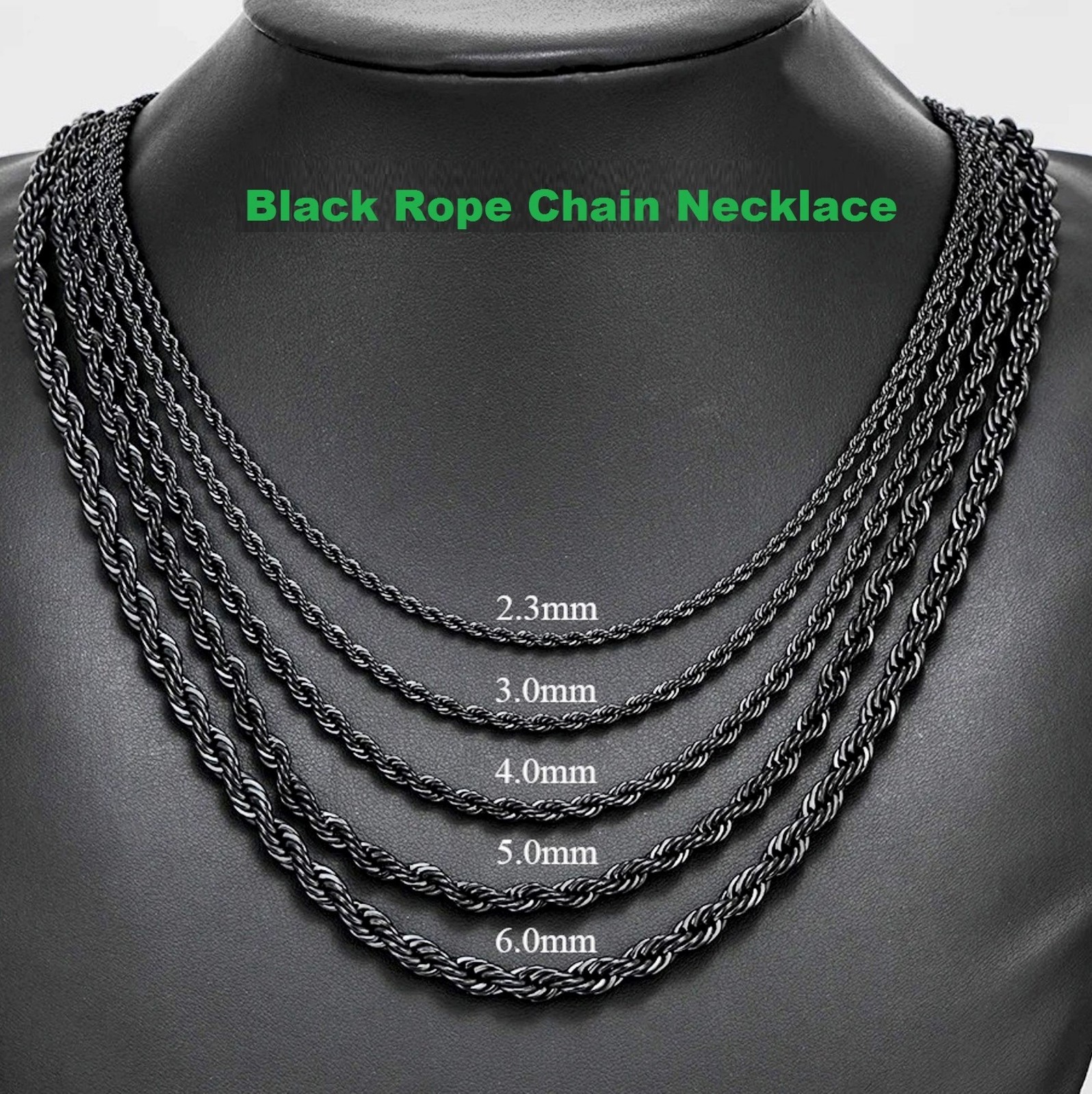 Chain Necklace Wheat stainless steel Black for men&women, 16/ 30 in, 3/4/5/6/7mm