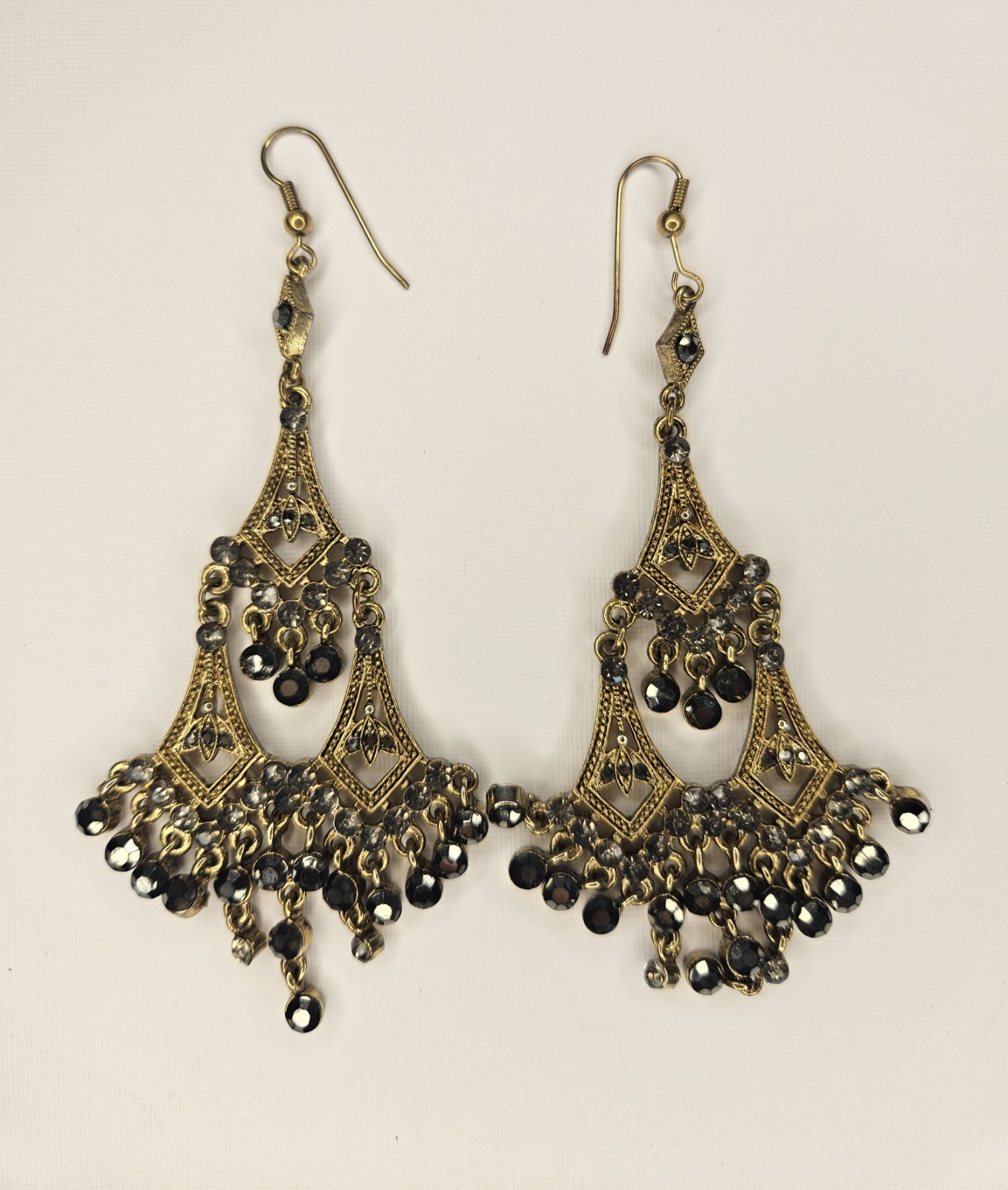 Gold Tone Black Bead Chandelier Dangle Drop Hook Earrings