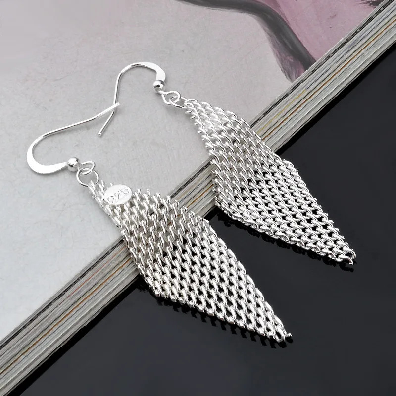 Womens 925 Sterling Silver Long Tassel Drop Dangle Hook Fashion Earrings