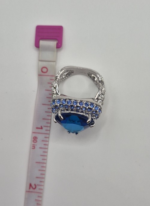 Dark Blue Silver Tone Multi Hue Glass Fashion Costume Ring Size 6 Heavy