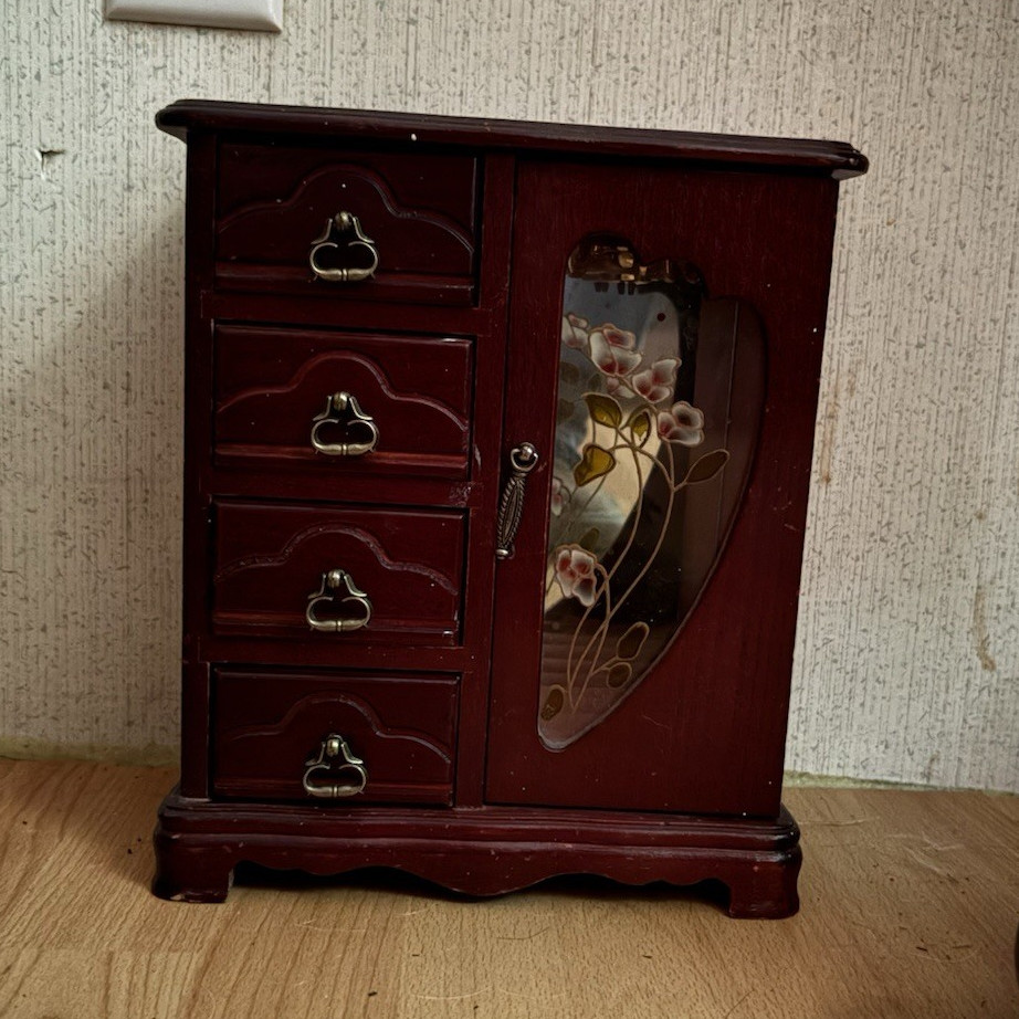 Wood Jewelry Box with Mirror, Lined, Floral Design, Brown Rectangle, Ring