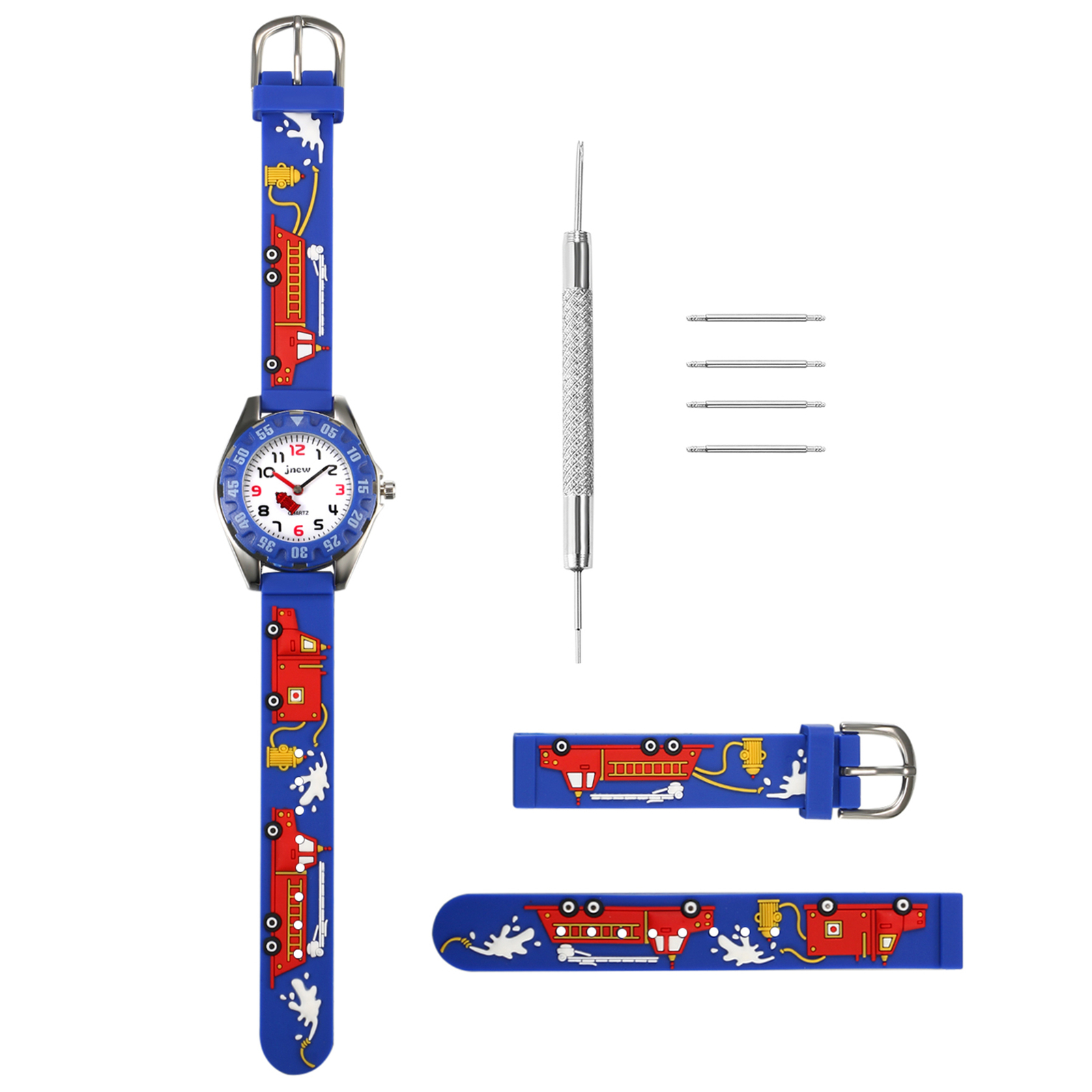 Children Rotatable Bezel Watch 3D Cute Kids Boy Fire Truck Strap Blue Wristwatch