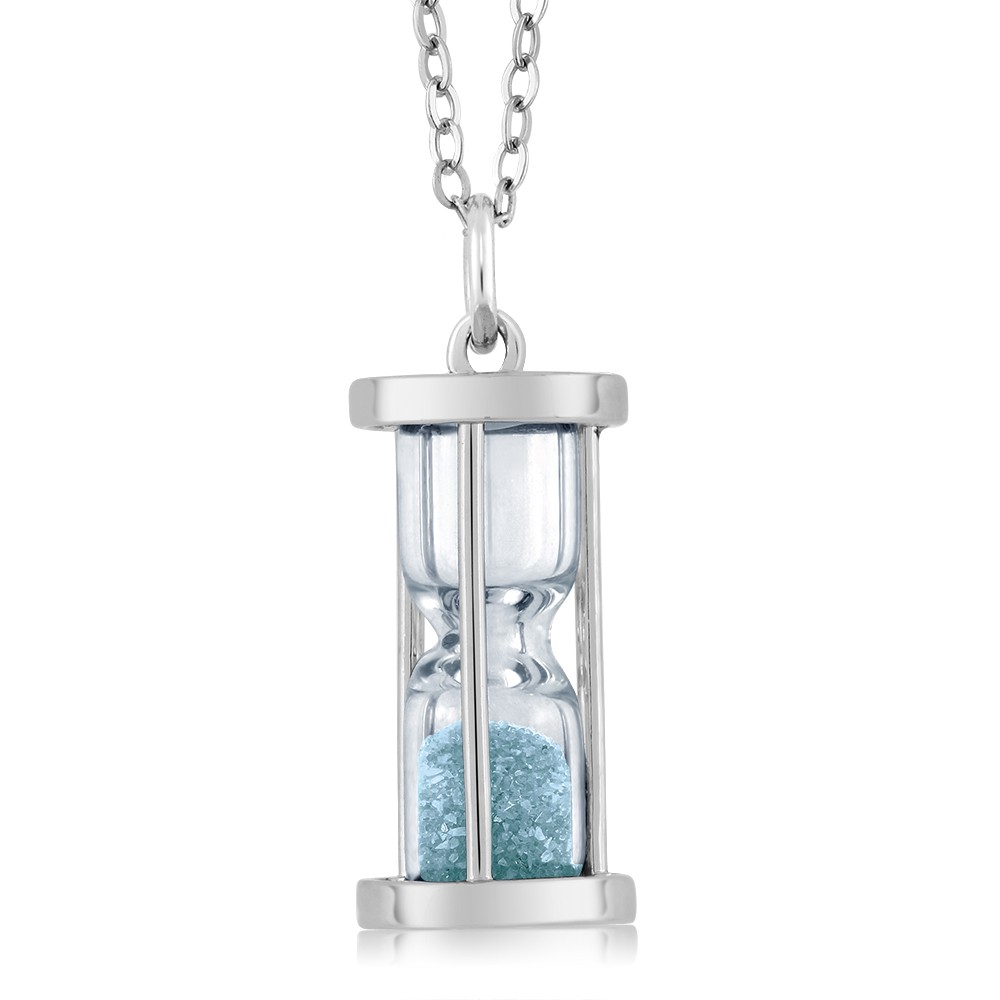 925 Sterling Silver Aquamarine Dust Hourglass Pendant Necklace For Women (0.75