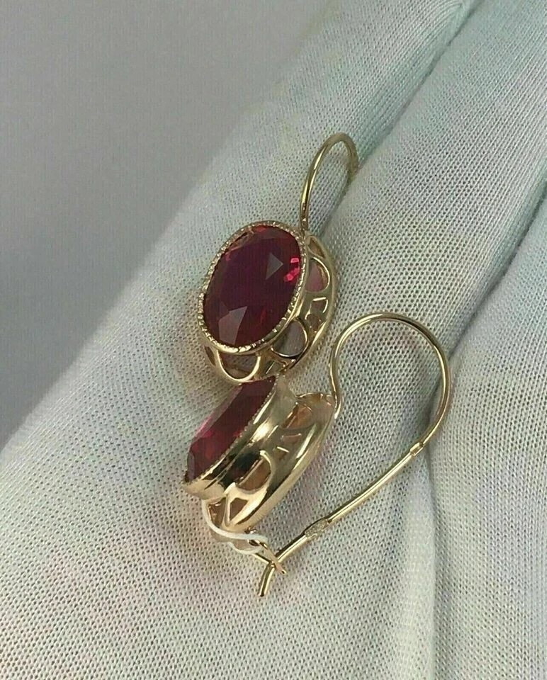 3Ct Oval Cut Lab Created Red Ruby Drop Dangle Earrings 14K Yellow Gold Plated