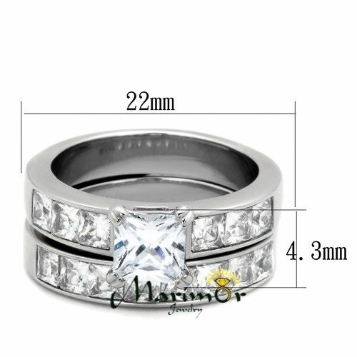 Stainless Steel Wedding Ring Set 3.75 Ct Princess Cut AAA CZ Women’s Size 5-11