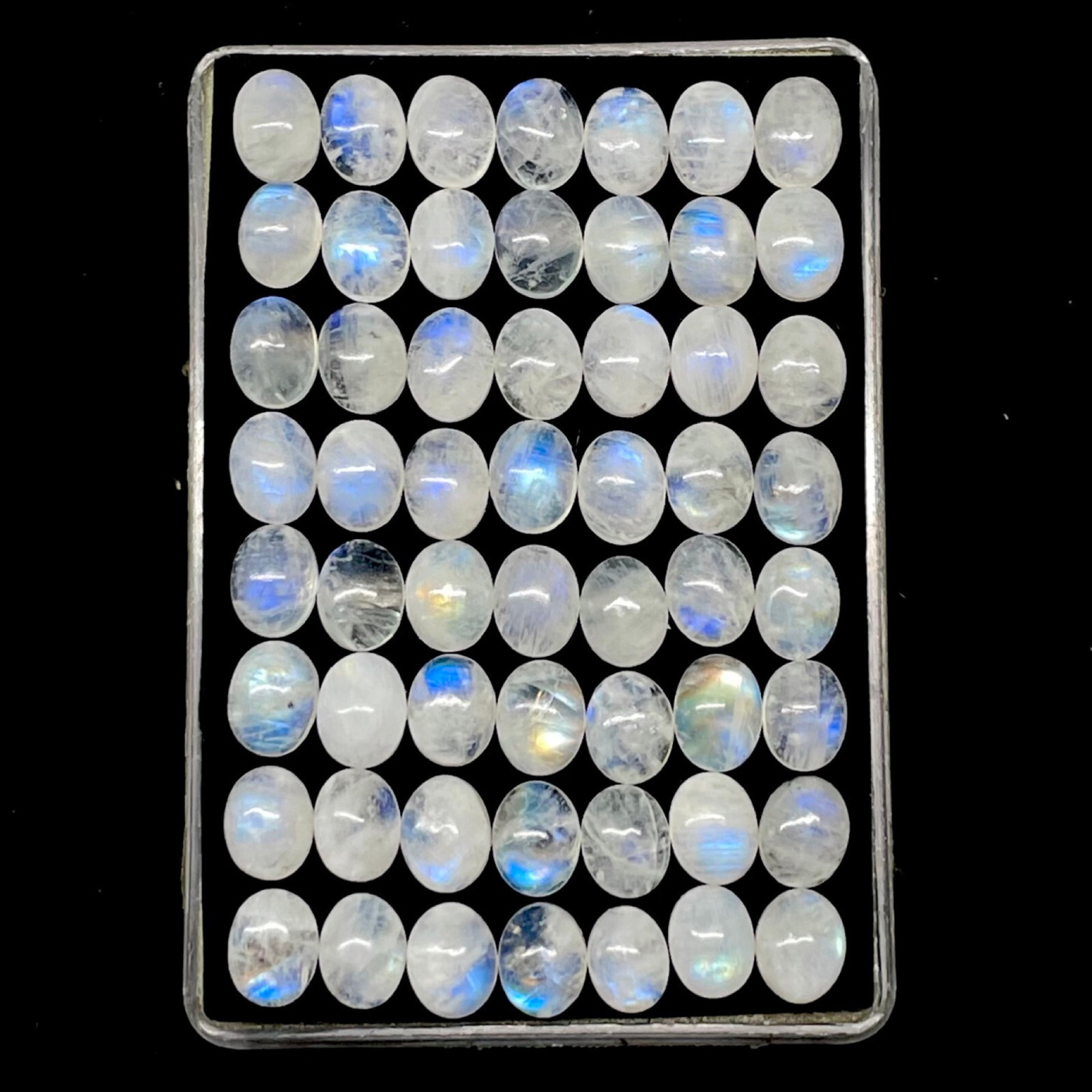 50 Pcs Natural Rainbow Moonstone 9x7mm Oval Blue Shines Cabochon Gemstones Lot