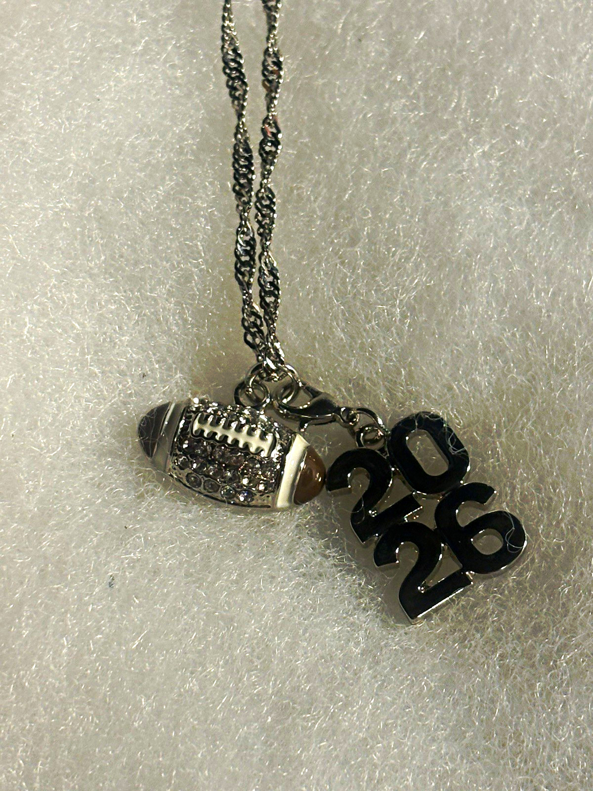 Silver Tone Rope Chain Necklace, Rhinestone Crown & Football “2026 Charms