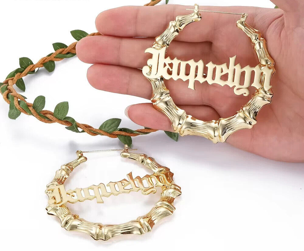 Custom Name Bamboo Hoop Earrings 30-100mm Large Small Medium Jewelry Women Gift