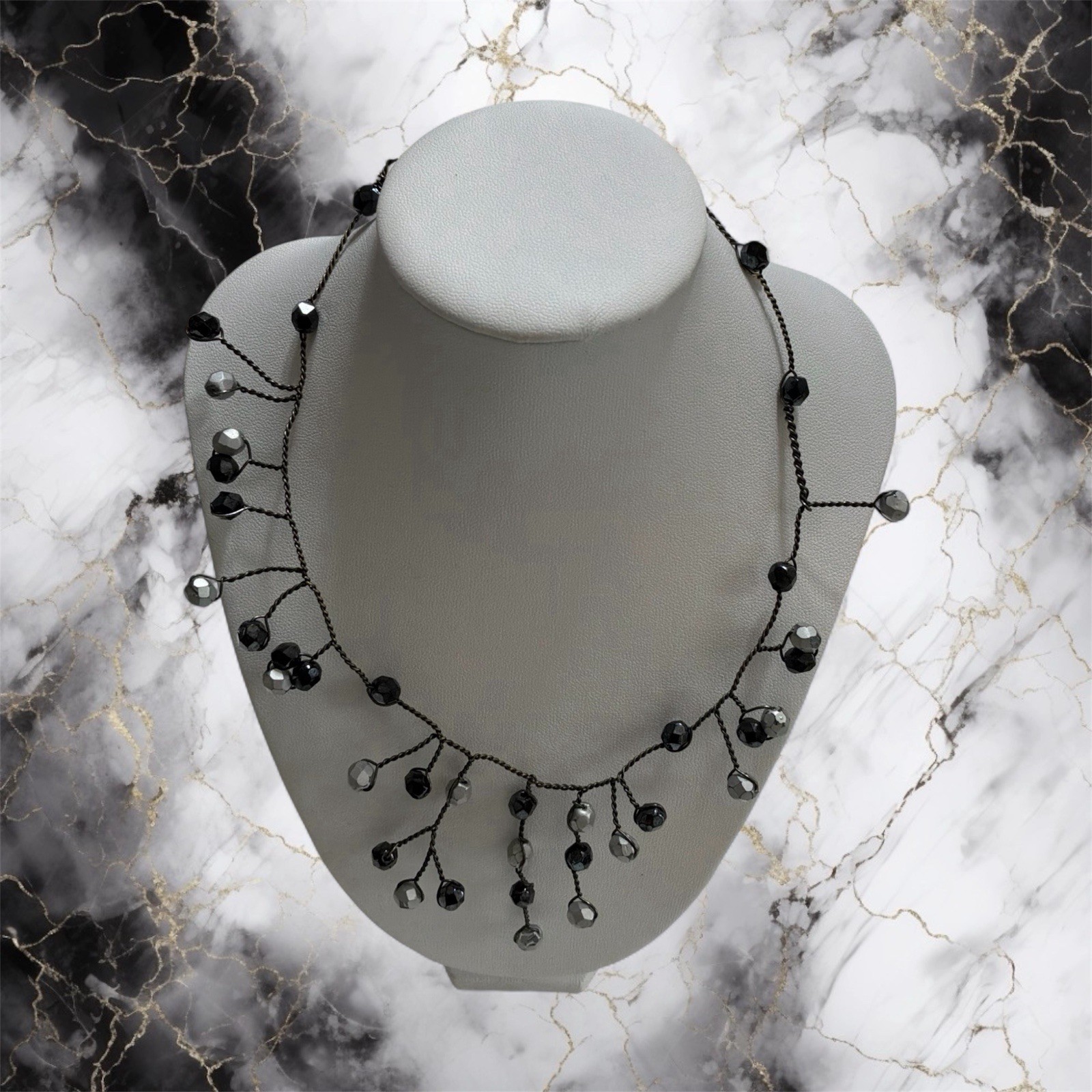 VTG Maria Grazia Musi Silver Tone Black Beaded Necklace Milano Italy, Signed