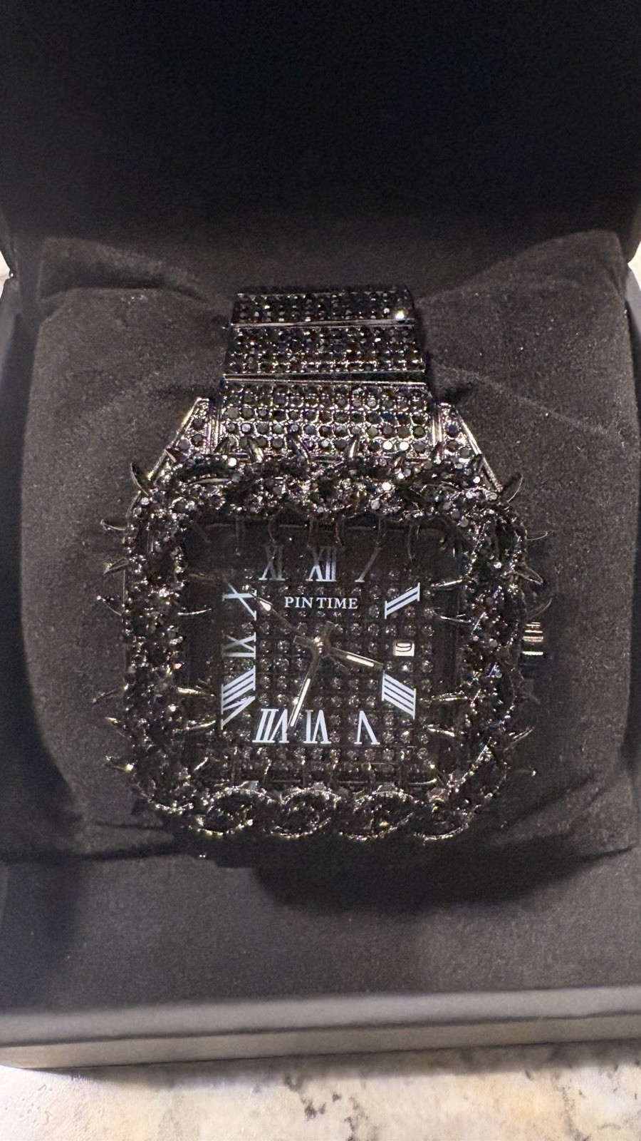 Black ICED OUT PIN TIME Moissanite Throne Roman Numeral watch w/Box