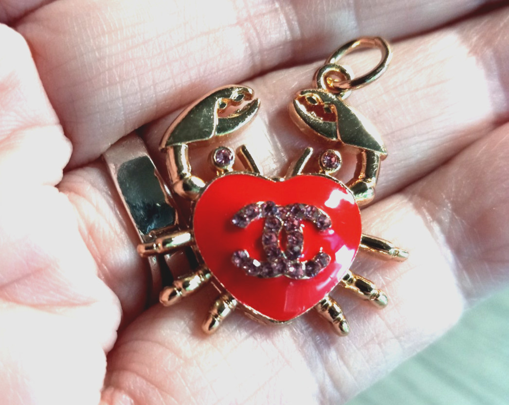 Designer Pendant, Gold Tone Red Crab Pendant with faux Pink Diamonds