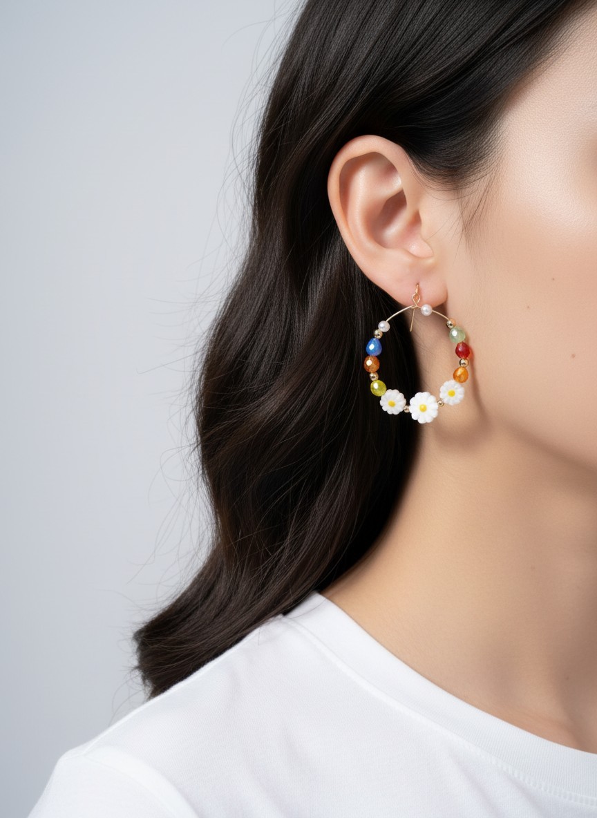 Acrylic Beaded Daisy Dangle Earrings 1.5in, Flower, Fish Hook, Multicolor