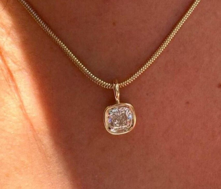 3 CT Cushion Cut Bezel Moissanite Wedding Pendant 14K yellow Gold Plated For Her