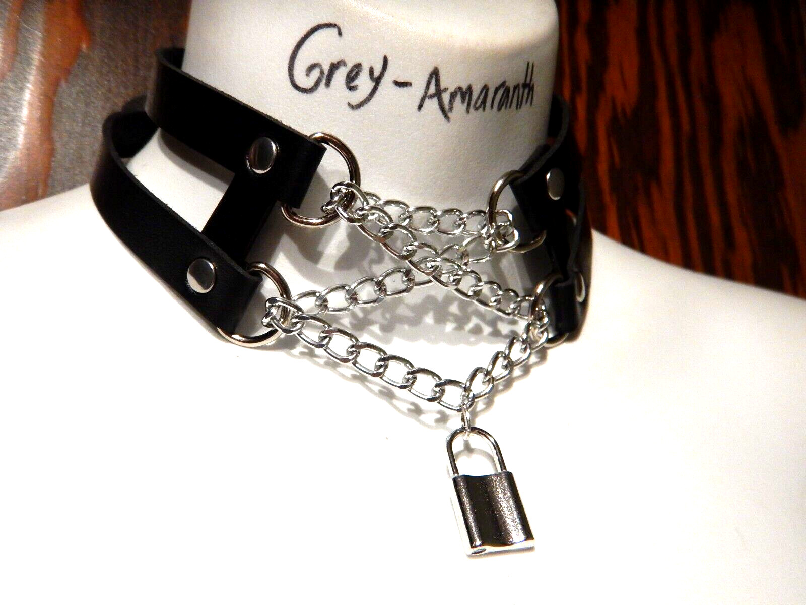 CORSET-LACED CHAIN COLLAR black pleather studded cage choker goth grunge punk Z8